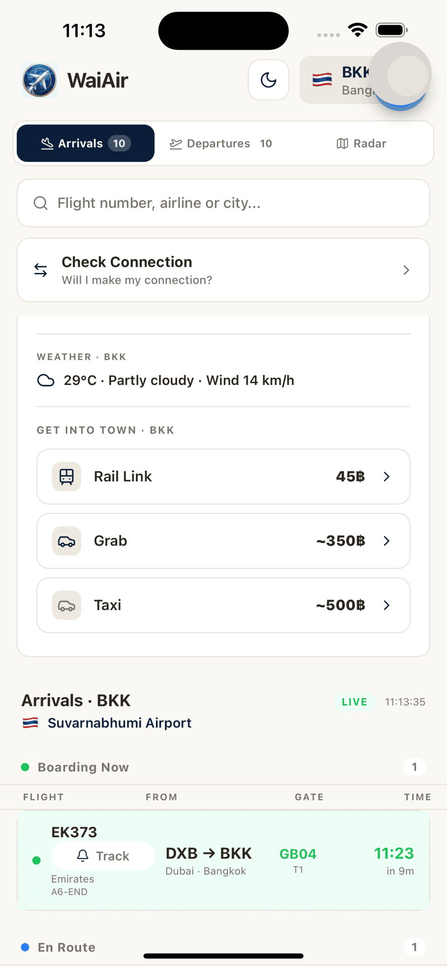 WaiAir: transport ter plaatse — Grab, taxi en trein